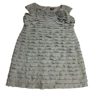 Adrianna Papell Dress Womens 16W Silver Metallic Ruffle Flower Pleated Sheath